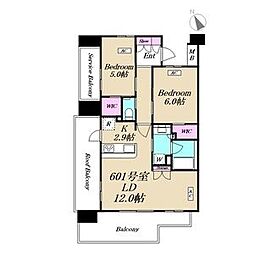 都営新宿線 船堀駅 徒歩7分の賃貸マンション 6階2LDKの間取り