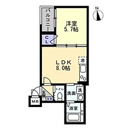 アシェント医大前 2階1LDKの間取り