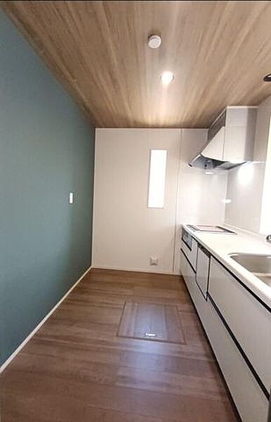 2色使いの壁面が印象的な、洗練されたデザインのキッチンです。空間に奥行きと彩りを添え、まるでカフェのような心地よい雰囲気を演出。毎日のお料理時間が楽しくなる、おしゃれで機能的なこだわりの空間です。