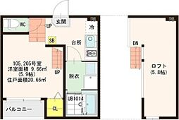 ハーモニーテラス東照宮II 2階1Kの間取り