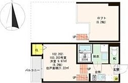 アジュール東新丁 2階1Kの間取り