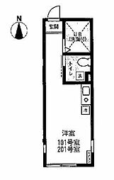 横浜市営地下鉄ブルーライン 片倉町駅 徒歩10分の賃貸アパート 2階ワンルームの間取り