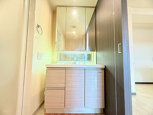 3面鏡付きの洗面台で身だしなみが整えやすく、小物なども収納できます♪