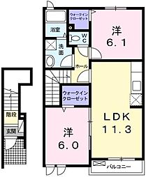 ベルコート桜A 2階2LDKの間取り