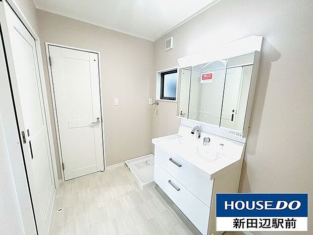 大き目ボウルにシャワー付き洗面台は三面鏡の後ろが収納で収納力は十分です。