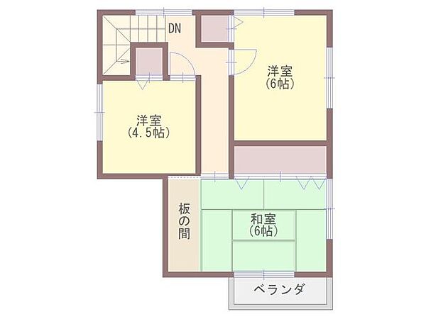2F間取図。南側にベランダがあります。
