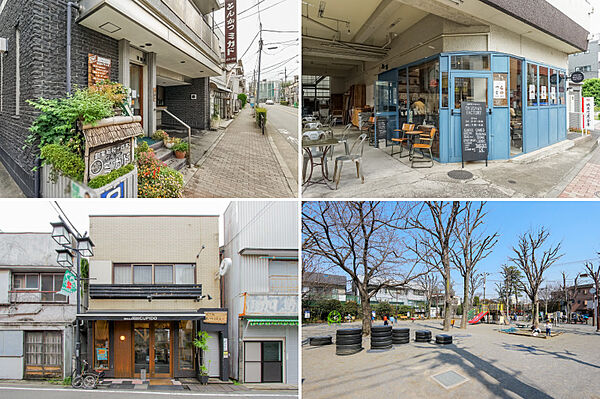 左上・とんかつ屋「ミカド」/右上・カフェ「AOKUSAWA FACTORY Coffee &amp;amp; Bakes」/左下・ベーカリー「RTISAN BOULANGER CUPID」/右下・「奥沢公園」
