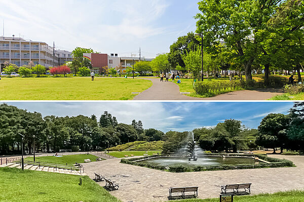 上・マンションから徒歩5分のところには「東山公園」が。／下・「世田谷公園」の広さ8万m2弱。（徒歩7分）