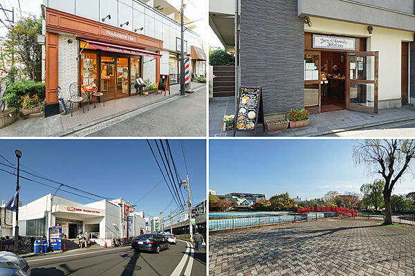 左上・ベーカリー「boulangerie（ブーランジェリー）14区」。右上・「Duca di Camastra（デューカディカマストラ）妙蓮寺店」。左下・「オーケー 妙蓮寺店」。右下・「菊名池公園」。