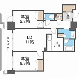 プレミストタワーズ札幌苗穂アクアゲート 24階2LDKの間取り