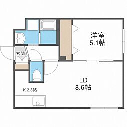 パインハート中の島 1階1LDKの間取り