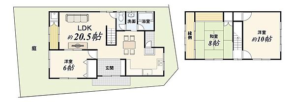 【リフォームプラン：4980万円】水回り一式新調・全室クロス貼替・全室床貼替・全室建具交換・畳表替え・間取り（1階和室・廊下・台所→リビング）【家屋3780万円　リフォーム金額1200万円】