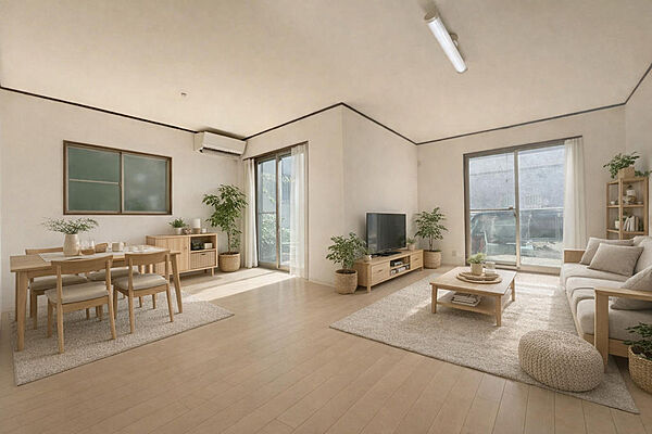 広くゆったりと家族揃って寛げる２２帖のLDK！※本画像は実際の写真にCG加工を加えたもので、実際の室内状況（家具・傷・汚れ等）とは異なります。室内（2026年1月）撮影