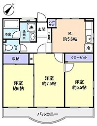 Ｄｅａｒ文月 1階3DKの間取り