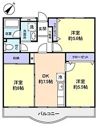 Ｄｅａｒ文月 5階3DKの間取り