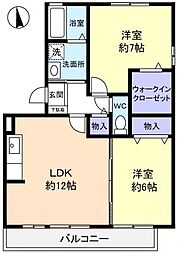 カルムヴィラージュ 1階2LDKの間取り