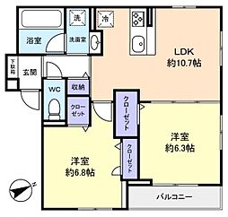 Ｒｅｓｉ　ＮＯＩＲ（レジノワール） 2階2LDKの間取り