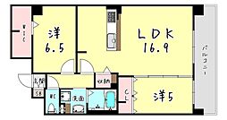 阪神本線 青木駅 徒歩4分の賃貸マンション 2階2LDKの間取り