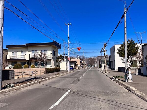 周辺は整然とした街並みで、前面道路も広く圧迫感の少ない環境！徒歩圏に公園や買物施設が揃い、日常利便も感じられる立地です！現地（２０２６年４月）撮影