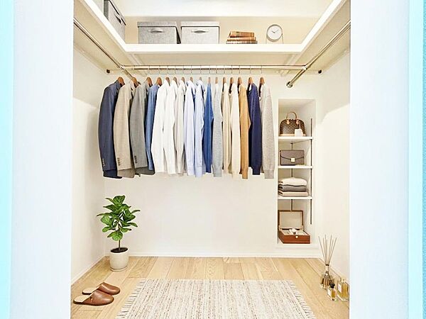 ※生成AIによるイメージです。家具・小物は販売価格に含まれません。ウォークインクローゼットを完備。お子様のおもちゃやゴルフバックなど、大きなお荷物をお持ちの方や、お荷物が多い方でも安心のスペースです。