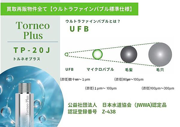 【ウルトラファインバブルとは】直径1μm未満の肉眼で見えない超微細な泡です。水中に数週間から数ヶ月留まり、汚れの隙間に入り込んで吸着・除去する高い洗浄力や保湿・保温効果を発揮します。