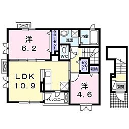 JR武蔵野線 吉川駅 バス10分 集会所前下車 徒歩2分の賃貸アパート 2階2LDKの間取り