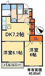 東武野田線 愛宕駅 徒歩25分の賃貸アパート 1階2DKの間取り