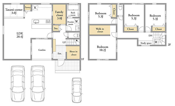 ＜2階建て戸建プラン＞1延床合計面積 121.73?・建物価格2530万円(設備引込・地盤改良費別途)