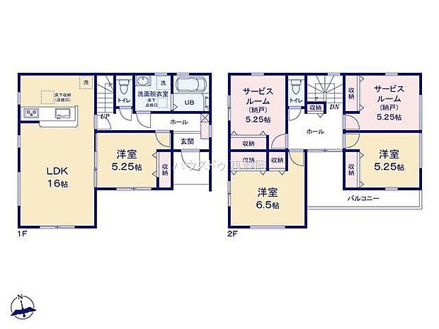 リビング16帖の間取りになります。納戸もあり、収納には困らない広さがあります。
