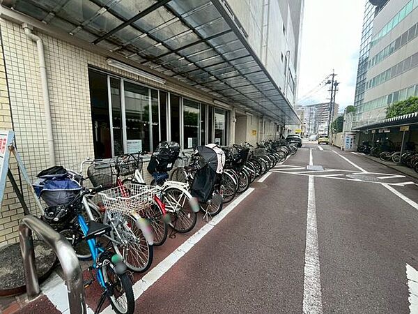 建物の壁面に沿って白線で区画分けされた平置きタイプの駐輪場です。上部には屋根が設けられ、雨天時の影響を軽減する構造です。
