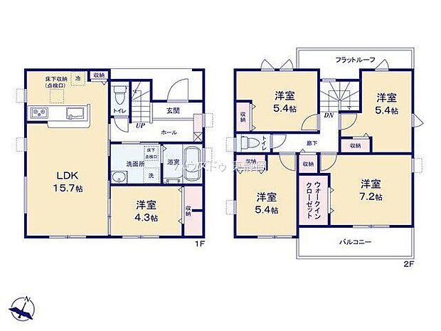 LDK15.7帖に隣接する洋室を合わせ、広々とした空間を実現 。WICやパントリーなど収納も充実 。