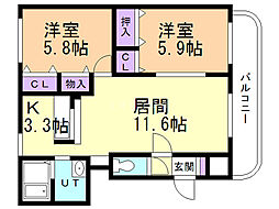メゾン・ブランシェ西野 2LDKの間取図画像