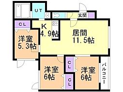 札幌市西区西野一条7丁目アパート 3LDKの間取図画像