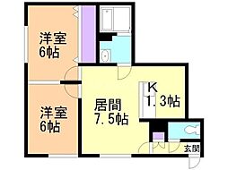 ビッグウエストI 2階2LDKの間取り
