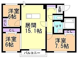 札幌市営東豊線 美園駅 徒歩8分の賃貸マンション 2階3LDKの間取り