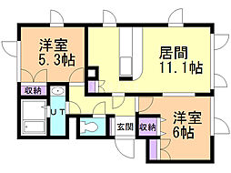レフュージ川沿 2LDKの間取図画像