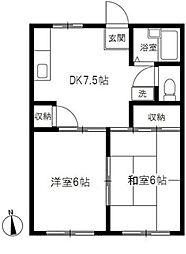 コート平塚A棟 2DKの間取図画像