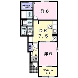 フレアルーチェ神埼II 1階2DKの間取り