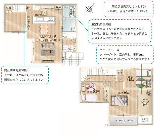 カースペース2台分(車種による)　書斎や趣味部屋にぴったり4帖フリースペース