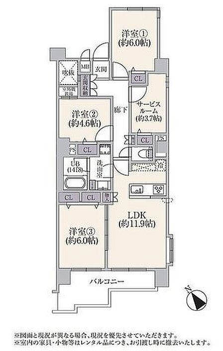 南西側バルコニーで明るく風通しの良い室内。全居室収納完備で室内の荷物もすっきり片付きます。
