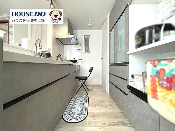 飽きの来ない落ち着いた色合いのシステムキッチンは使い勝手も◎キッチン後ろには収納力のあるカップボードがついています！