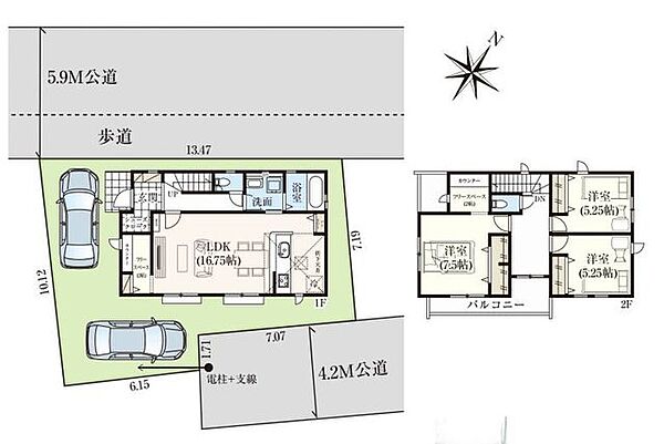 【区画図】カースペース2台分。一戸建てが多く、長閑で閑静な住宅街。ゆったりと過ごしたい方にオススメな環境です！