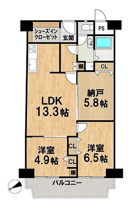 69.30m2の2SLDK!LDK13.3帖+洋室2部屋+5.8帖納戸で使い勝手◎。収納も豊富で、ファミリーにもおすすめの間取りです♪