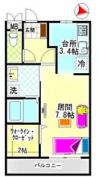 ウィステリアB棟 1Kの間取図画像