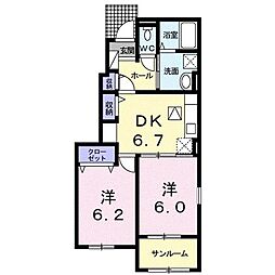 グレーシア・Ｎ 1階2DKの間取り