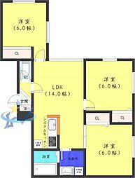 札幌市営東西線 西18丁目駅 徒歩18分の賃貸マンション 1階3LDKの間取り