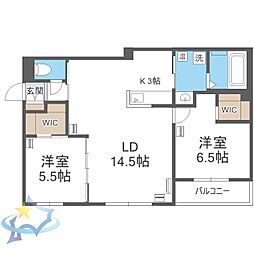 札幌市営東西線 宮の沢駅 徒歩6分の賃貸マンション 2階2LDKの間取り