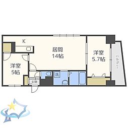 札幌市営南北線 中島公園駅 徒歩6分の賃貸マンション 6階2LDKの間取り