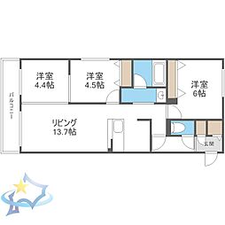 札幌市営東西線 西18丁目駅 徒歩15分の賃貸マンション 4階3LDKの間取り