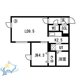 札幌市営東西線 発寒南駅 徒歩8分の賃貸マンション 3階1LDKの間取り